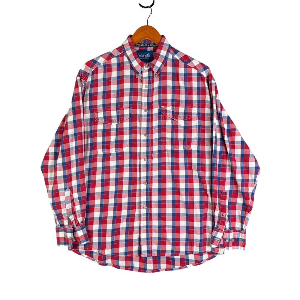 Wrangler Western Button Plaid Long Sleeve Shirt RWB Red Blue Mens Large READ - Picture 1 of 7